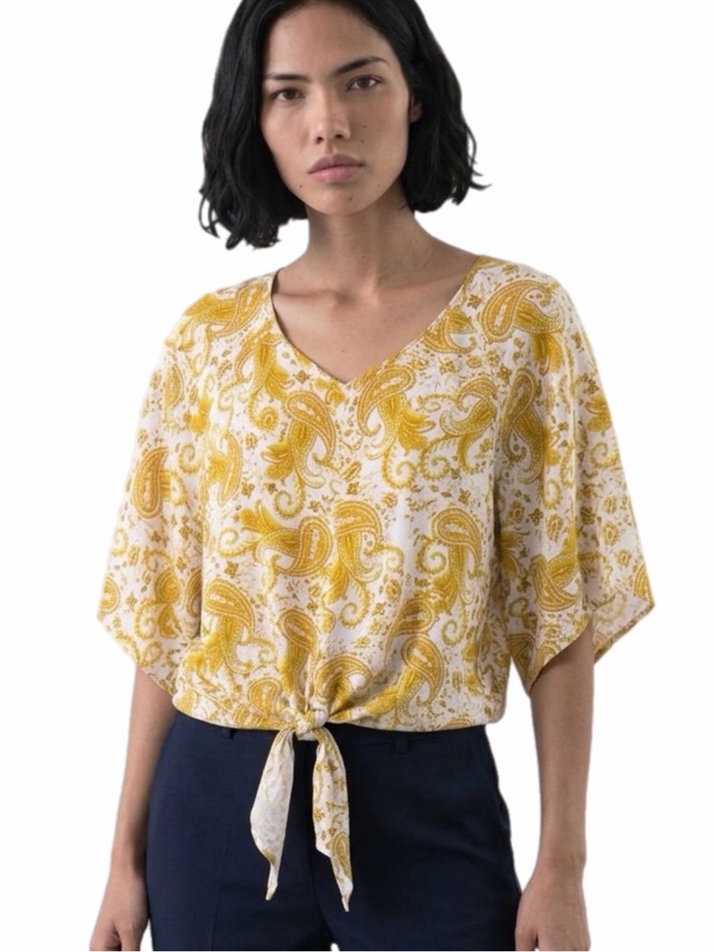KAREN KANE Santorini Yellow White Paisley Tie-Front V-Neck Top Color PAI Medium